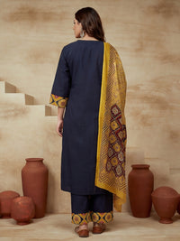 Embroidered Cotton Blend V-Neck Kurta & Trousers With Dupatta