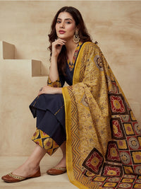 Embroidered Cotton Blend V-Neck Kurta & Trousers With Dupatta