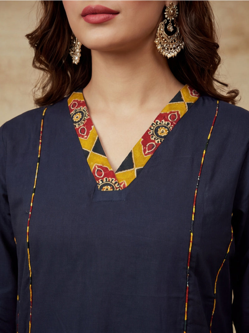 Embroidered Cotton Blend V-Neck Kurta & Trousers With Dupatta