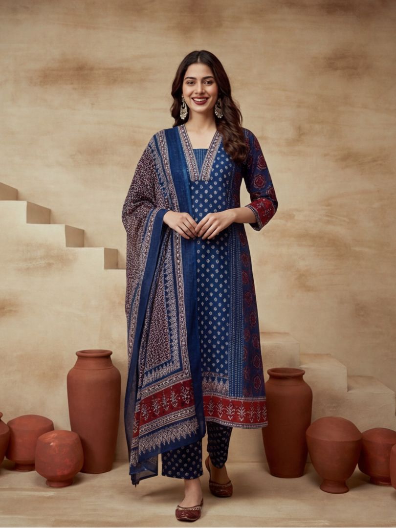 Printed Cotton Blend V-Neck Kurta & Trousers With Dupatta