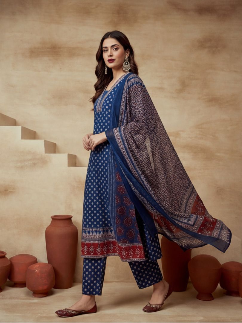 Printed Cotton Blend V-Neck Kurta & Trousers With Dupatta