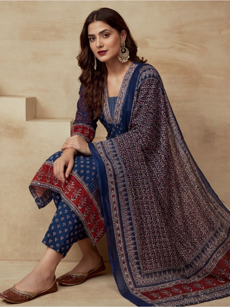 Printed Cotton Blend V-Neck Kurta & Trousers With Dupatta