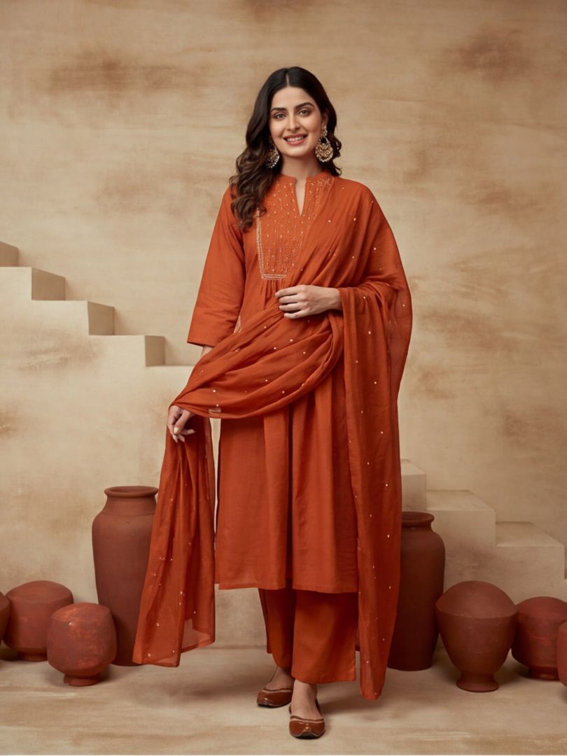 Embroidered Cotton Blend Keyhole Neck Kurta & Trousers With Dupatta