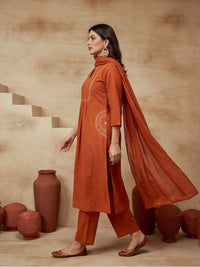 Embroidered Cotton Blend Keyhole Neck Kurta & Trousers With Dupatta
