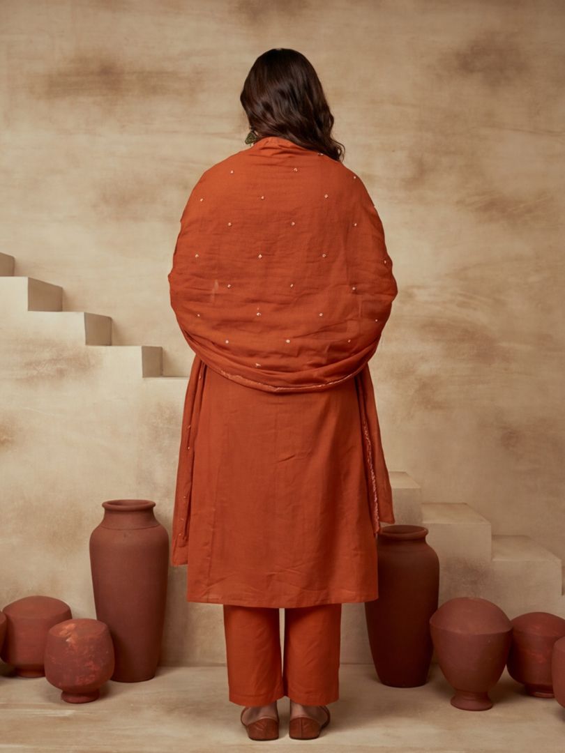 Embroidered Cotton Blend Keyhole Neck Kurta & Trousers With Dupatta