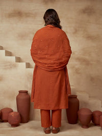 Embroidered Cotton Blend Keyhole Neck Kurta & Trousers With Dupatta