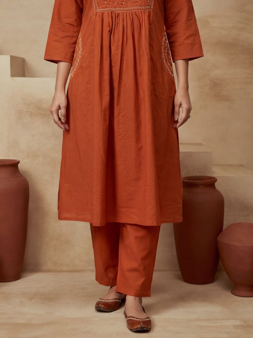 Embroidered Cotton Blend Keyhole Neck Kurta & Trousers With Dupatta
