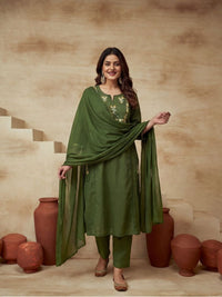 Embroidered Cotton Blend Keyhole Neck Kurta & Trousers With Dupatta