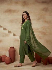 Embroidered Cotton Blend Keyhole Neck Kurta & Trousers With Dupatta