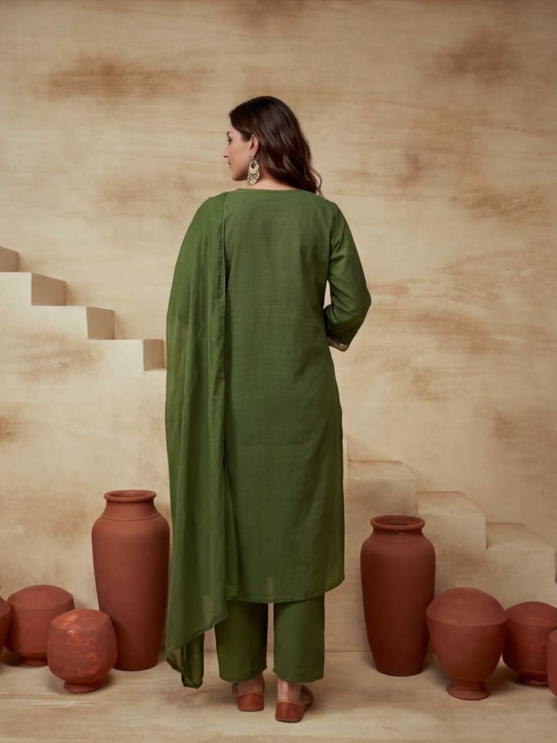 Embroidered Cotton Blend Keyhole Neck Kurta & Trousers With Dupatta