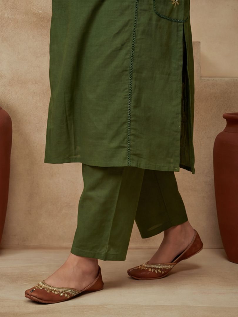 Embroidered Cotton Blend Keyhole Neck Kurta & Trousers With Dupatta