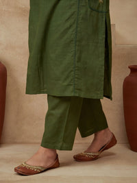 Embroidered Cotton Blend Keyhole Neck Kurta & Trousers With Dupatta