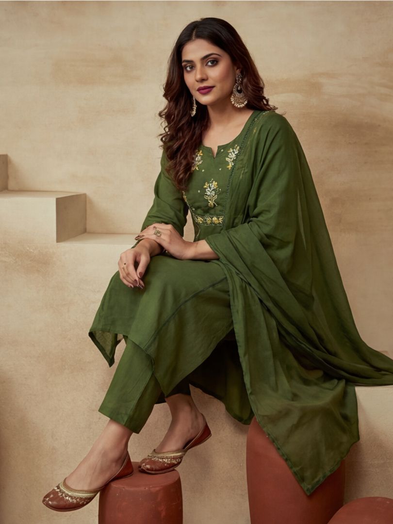 Embroidered Cotton Blend Keyhole Neck Kurta & Trousers With Dupatta