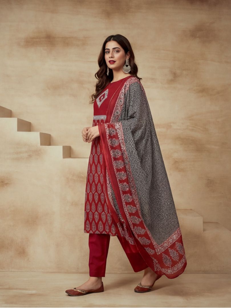 Embroidered Notched Neck Kurta & Trousers With Dupatta