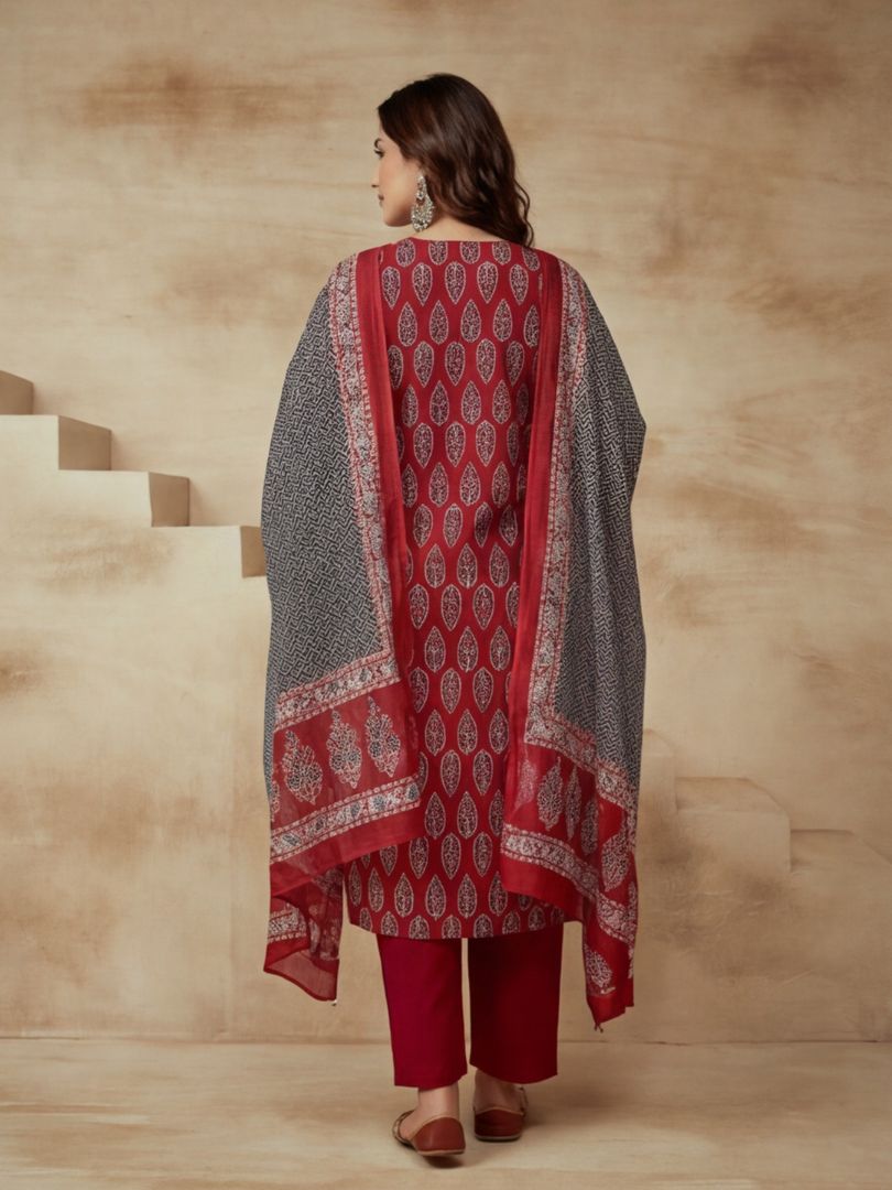 Embroidered Notched Neck Kurta & Trousers With Dupatta