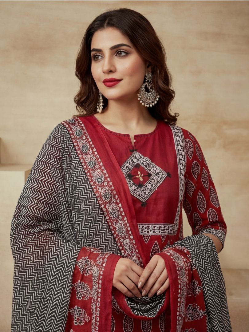 Embroidered Notched Neck Kurta & Trousers With Dupatta