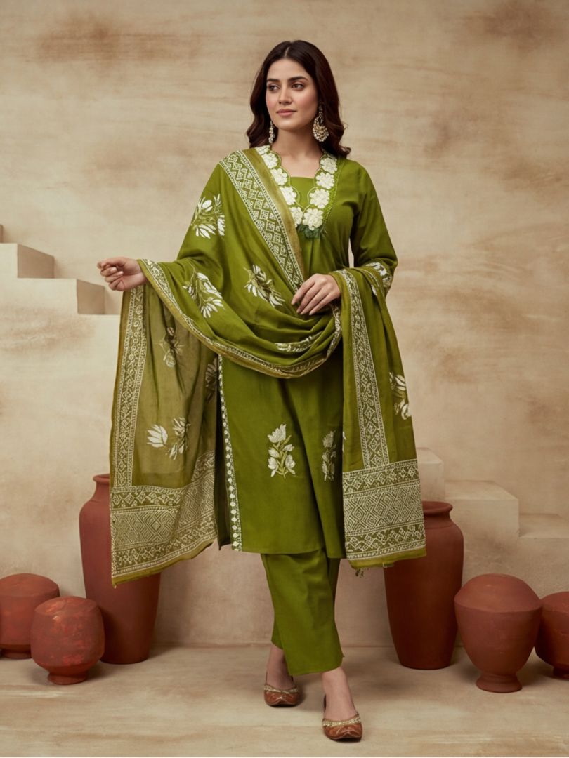 Embroidered V-Neck Kurta & Trousers With Dupatta