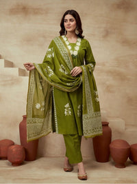 Embroidered V-Neck Kurta & Trousers With Dupatta