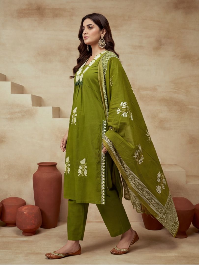 Embroidered V-Neck Kurta & Trousers With Dupatta