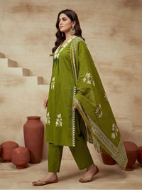 Embroidered V-Neck Kurta & Trousers With Dupatta