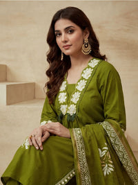 Embroidered V-Neck Kurta & Trousers With Dupatta