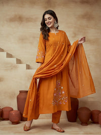 Embroidered Round Neck Kurta & Trousers With Dupatta