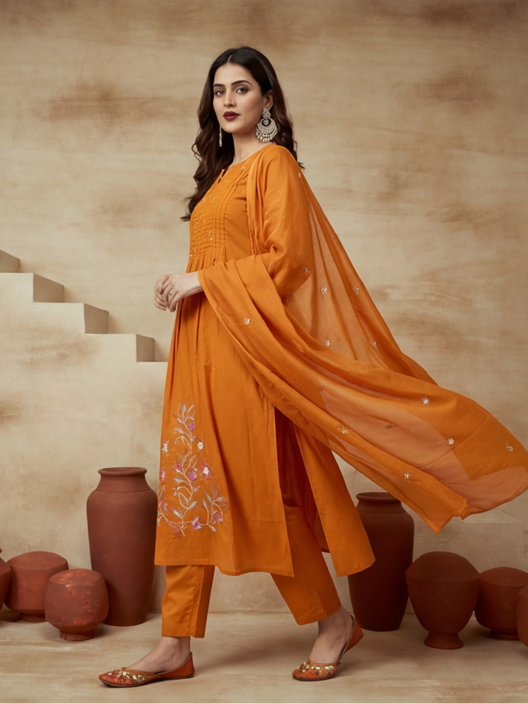 Embroidered Round Neck Kurta & Trousers With Dupatta