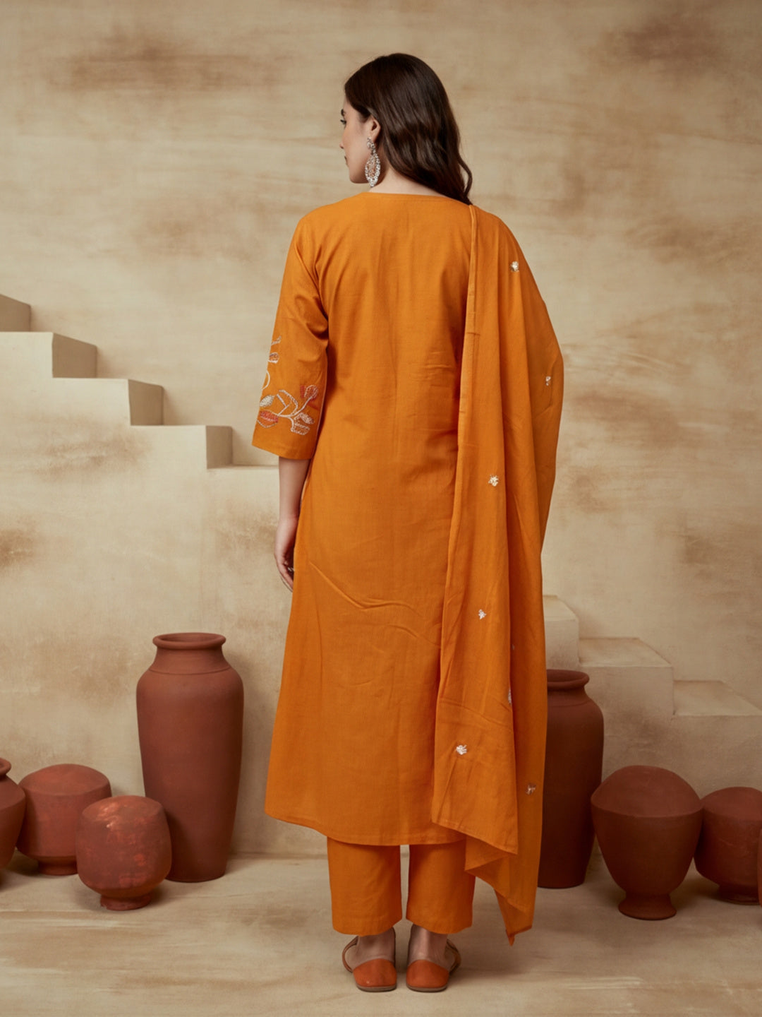 Embroidered Round Neck Kurta & Trousers With Dupatta