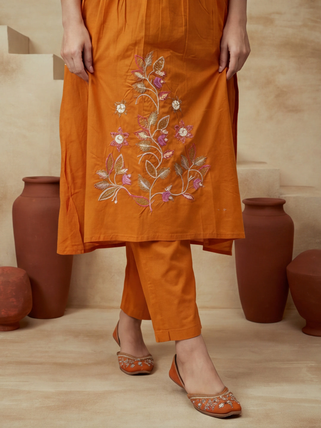 Embroidered Round Neck Kurta & Trousers With Dupatta