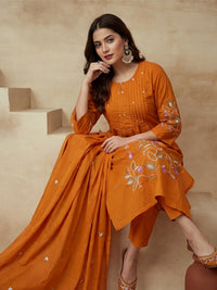 Embroidered Round Neck Kurta & Trousers With Dupatta