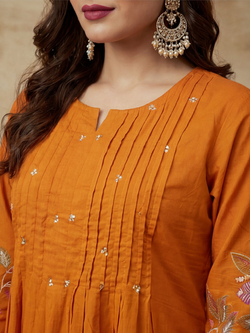 Embroidered Round Neck Kurta & Trousers With Dupatta