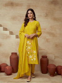 Embroidered Cotton Blend Keyhole Neck Kurta & Trousers With Dupatta