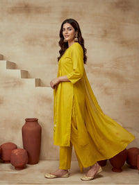 Embroidered Cotton Blend Keyhole Neck Kurta & Trousers With Dupatta