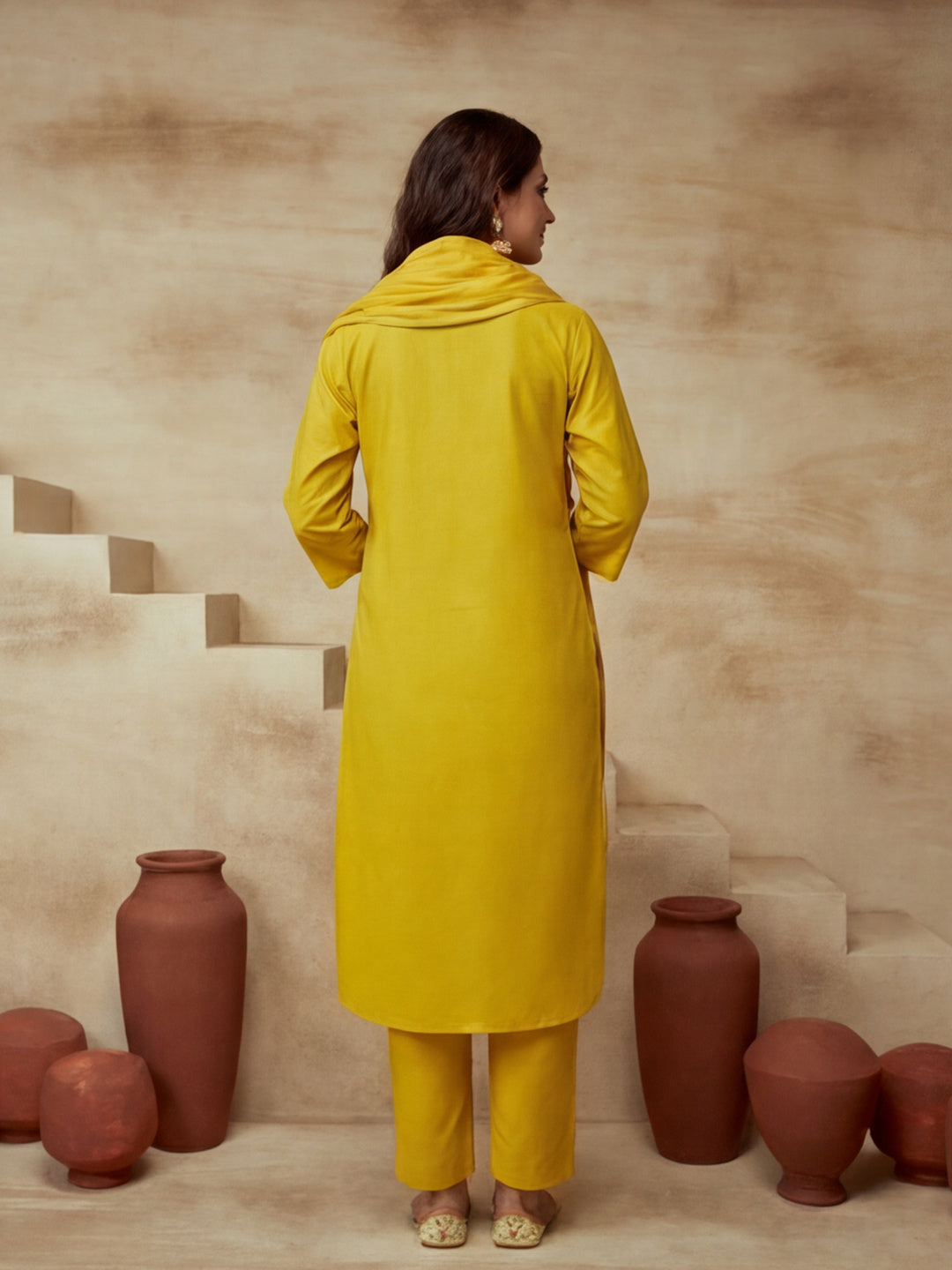 Embroidered Cotton Blend Keyhole Neck Kurta & Trousers With Dupatta