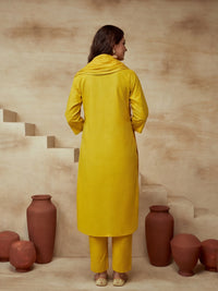 Embroidered Cotton Blend Keyhole Neck Kurta & Trousers With Dupatta