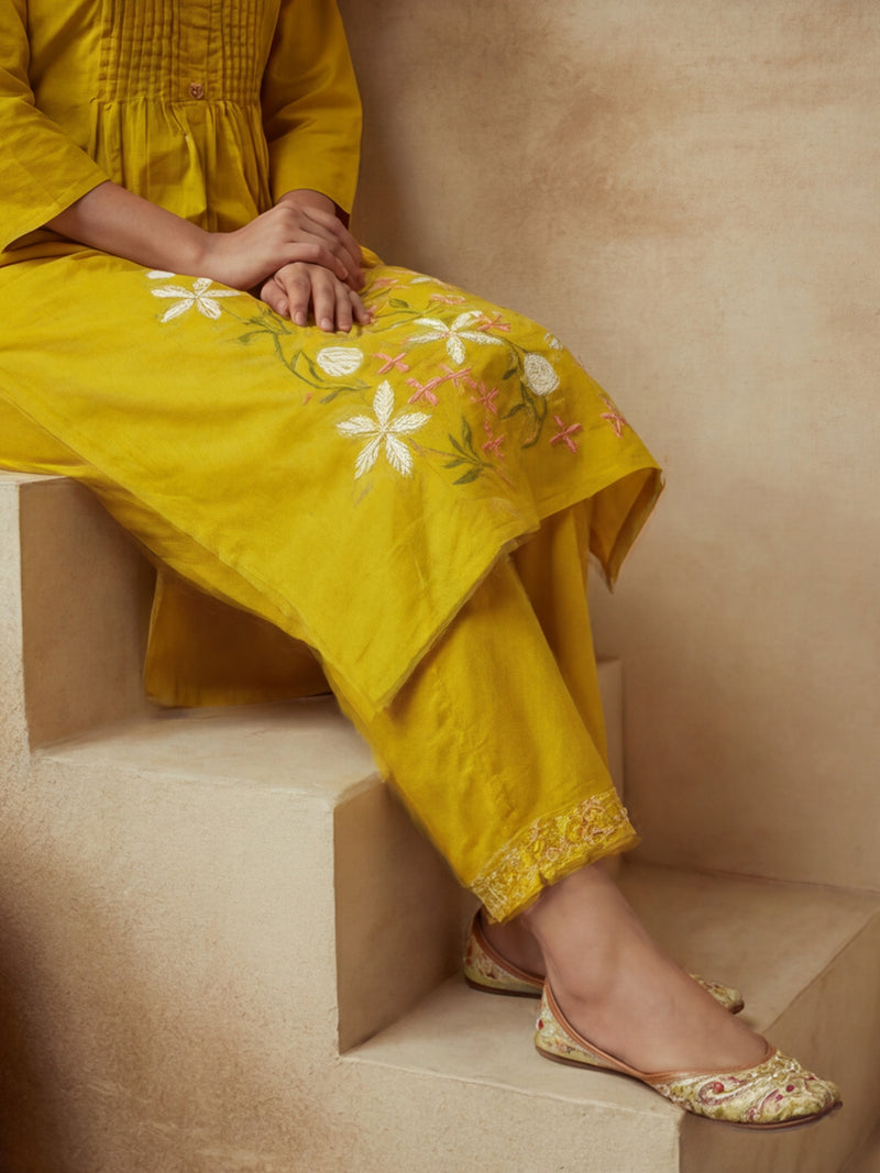 Embroidered Cotton Blend Keyhole Neck Kurta & Trousers With Dupatta