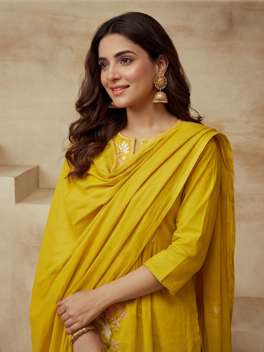Embroidered Cotton Blend Keyhole Neck Kurta & Trousers With Dupatta