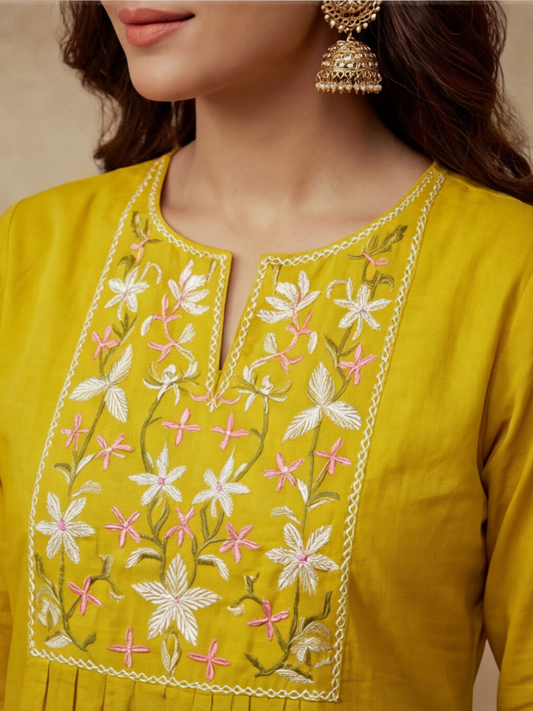 Embroidered Cotton Blend Keyhole Neck Kurta & Trousers With Dupatta