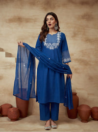 Embroidered Cotton Blend Keyhole Neck Kurta & Trousers With Dupatta