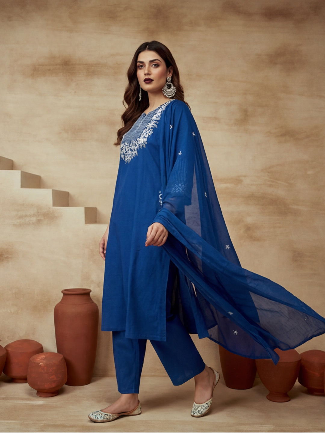 Embroidered Cotton Blend Keyhole Neck Kurta & Trousers With Dupatta