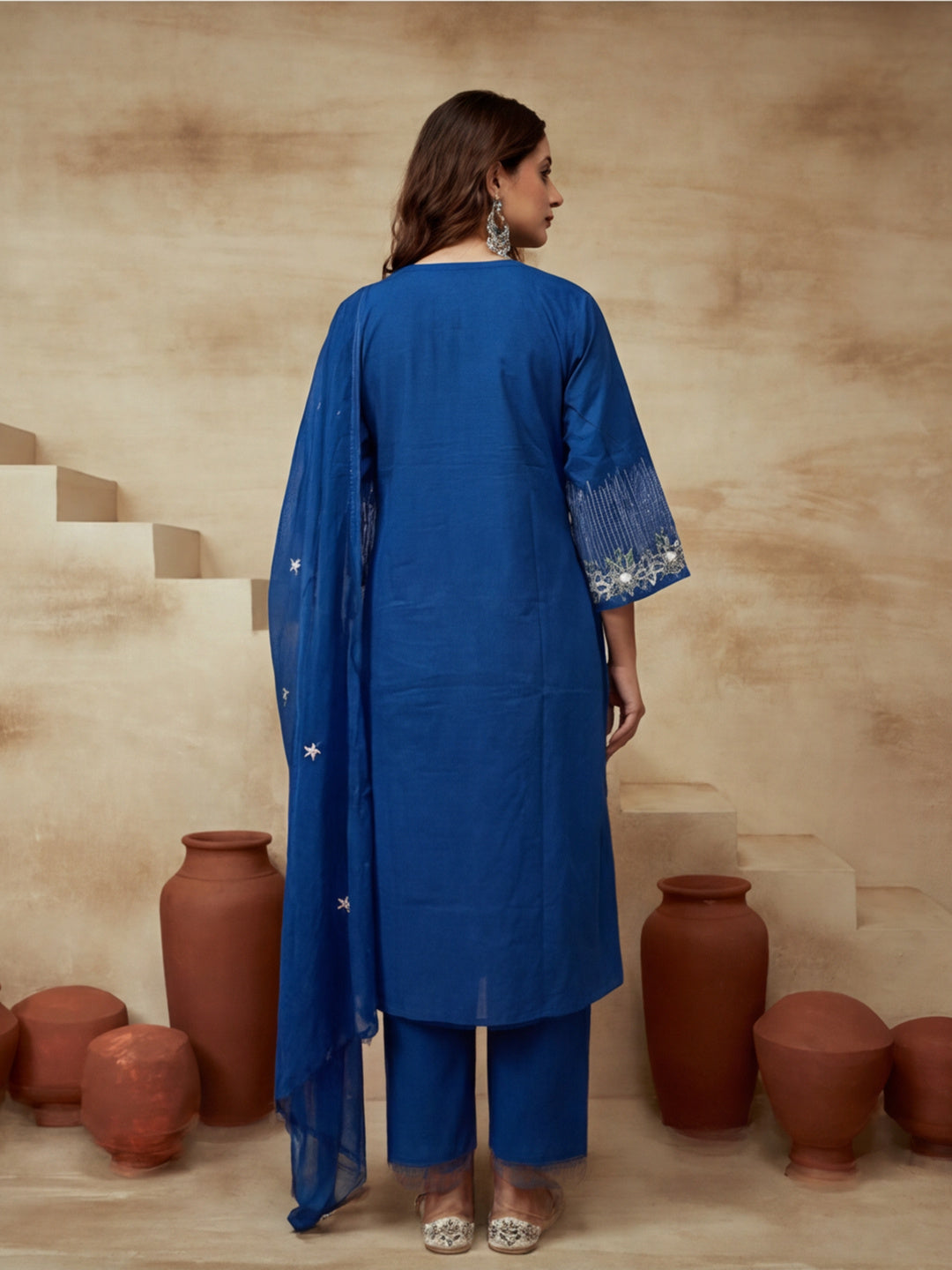 Embroidered Cotton Blend Keyhole Neck Kurta & Trousers With Dupatta
