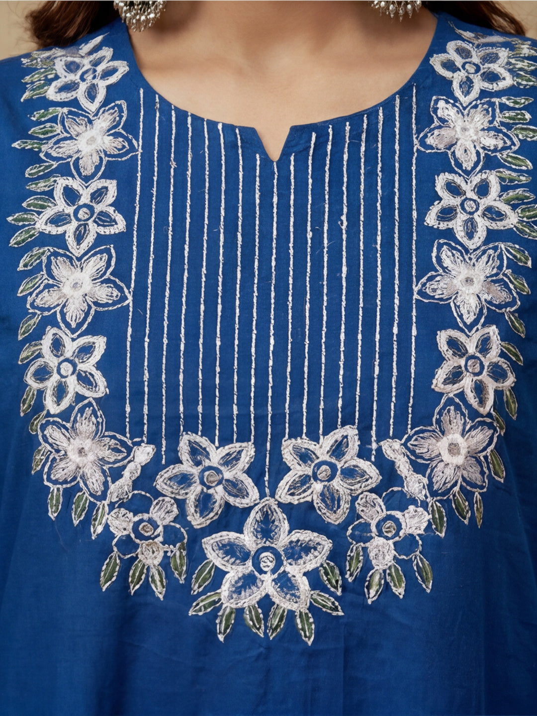 Embroidered Cotton Blend Keyhole Neck Kurta & Trousers With Dupatta