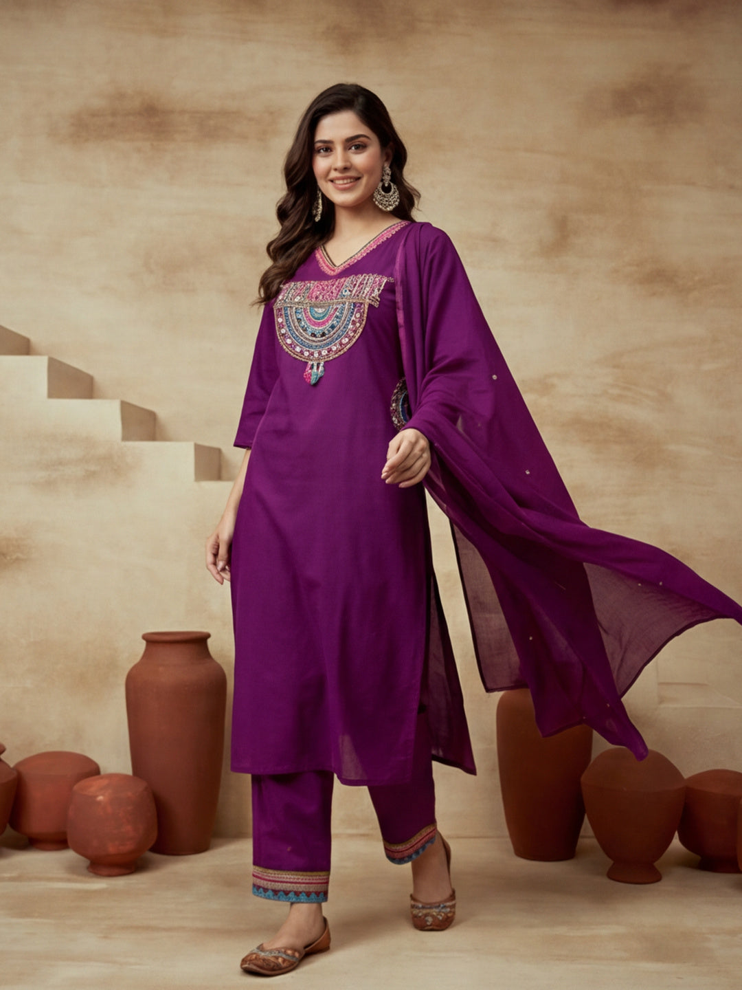 Embroidered V-Neck Kurta & Trousers With Dupatta