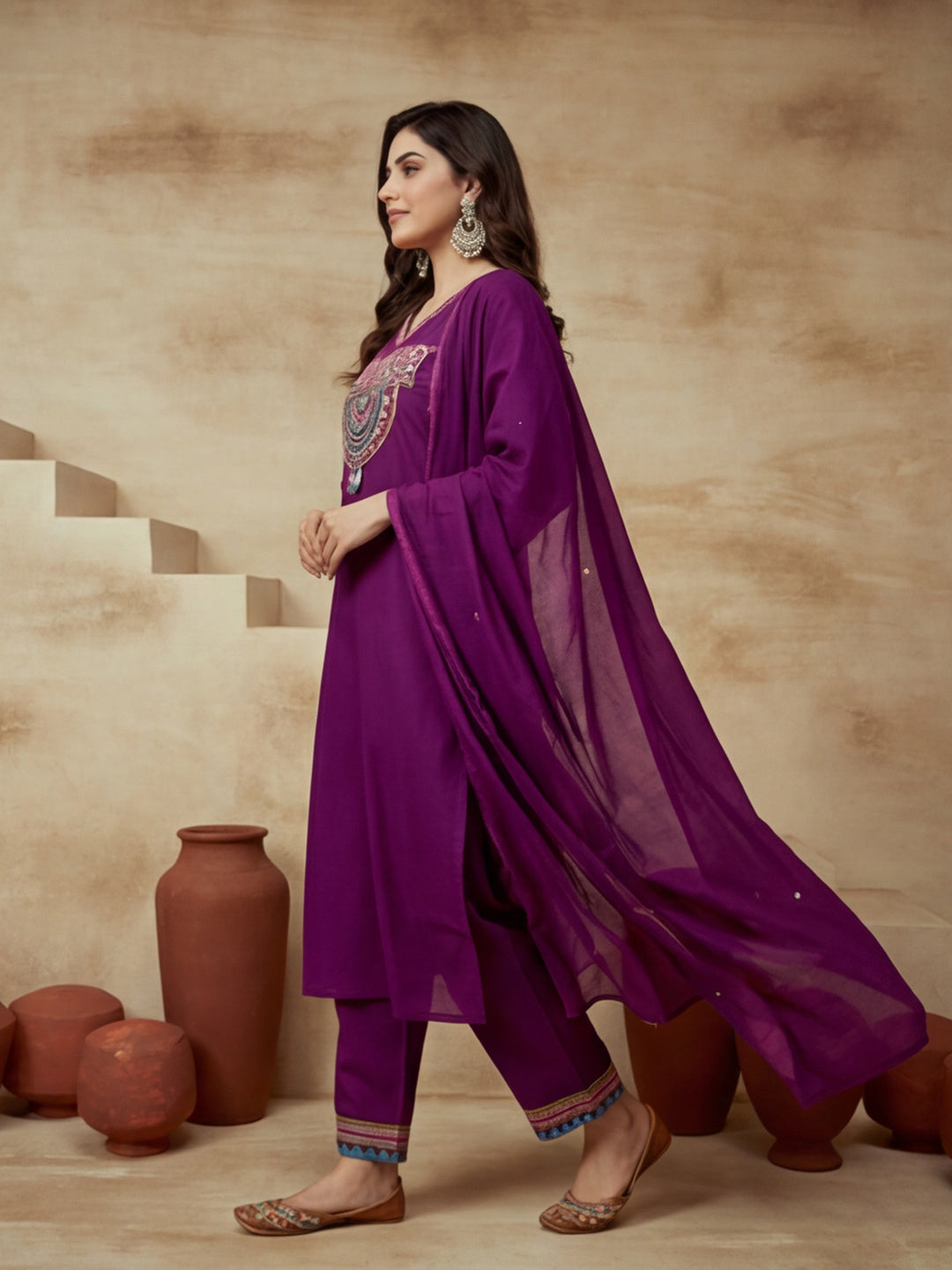 Embroidered V-Neck Kurta & Trousers With Dupatta