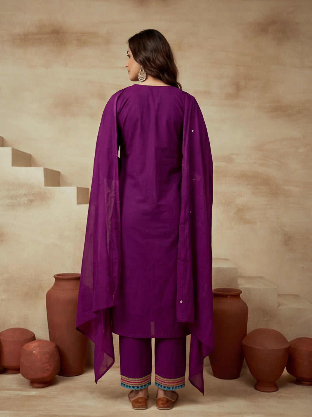 Embroidered V-Neck Kurta & Trousers With Dupatta