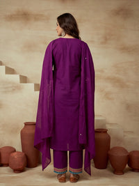 Embroidered V-Neck Kurta & Trousers With Dupatta