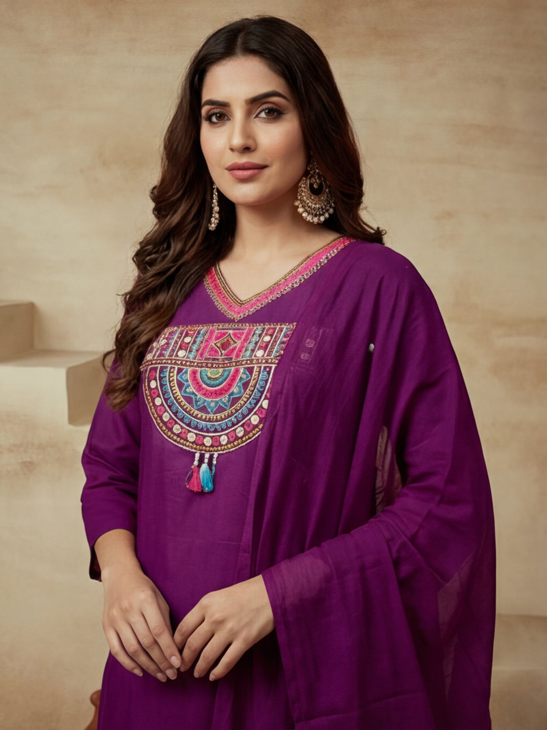 Embroidered V-Neck Kurta & Trousers With Dupatta