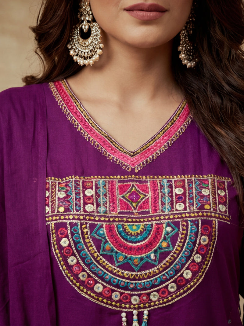Embroidered V-Neck Kurta & Trousers With Dupatta