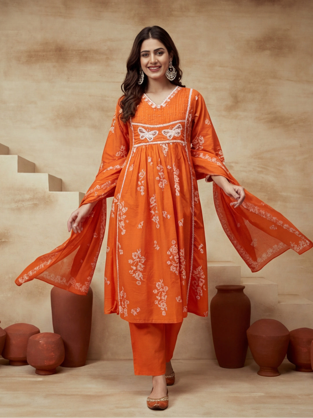 Embroidered V-Neck Kurta & Trousers With Dupatta