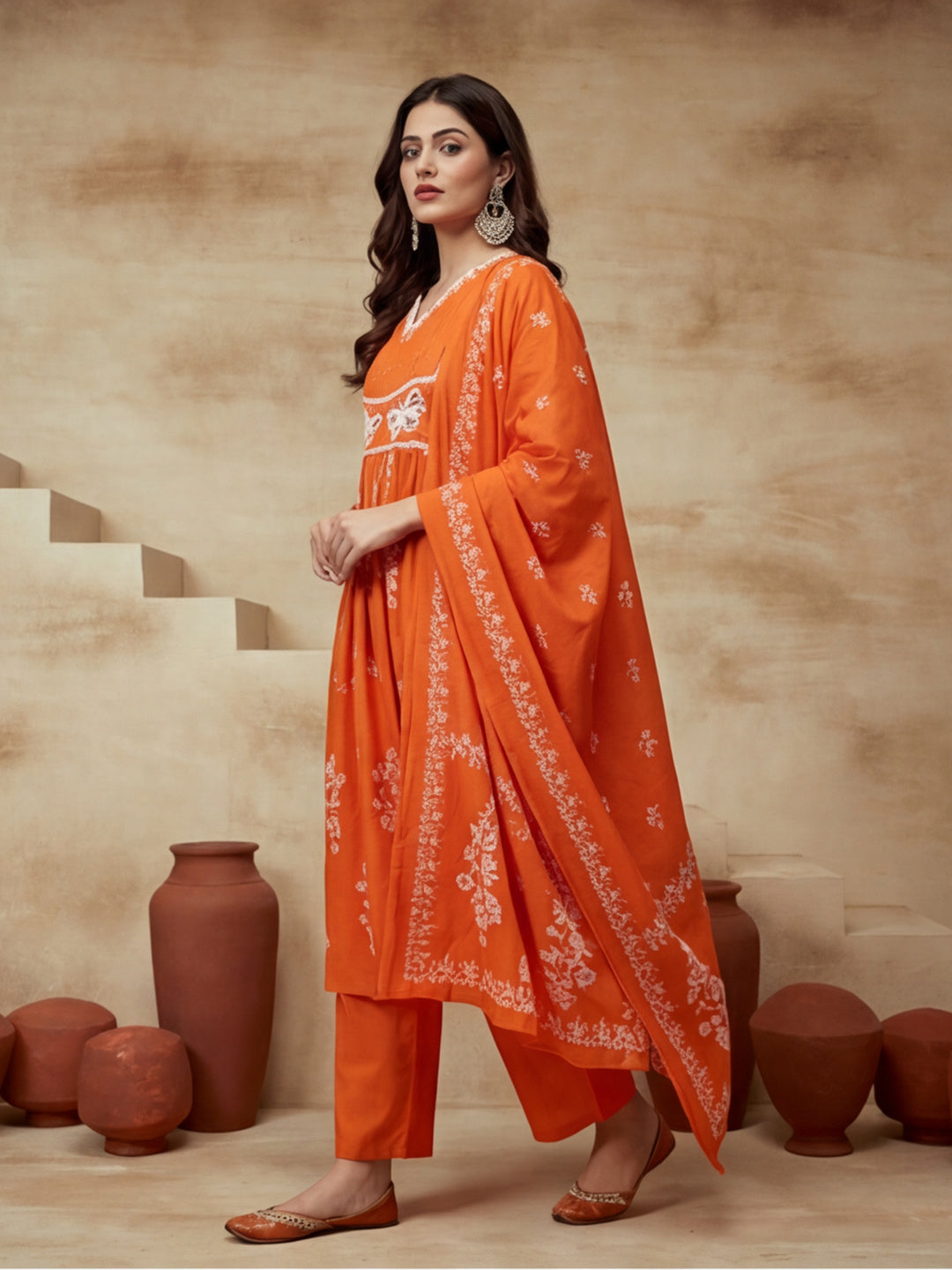 Embroidered V-Neck Kurta & Trousers With Dupatta